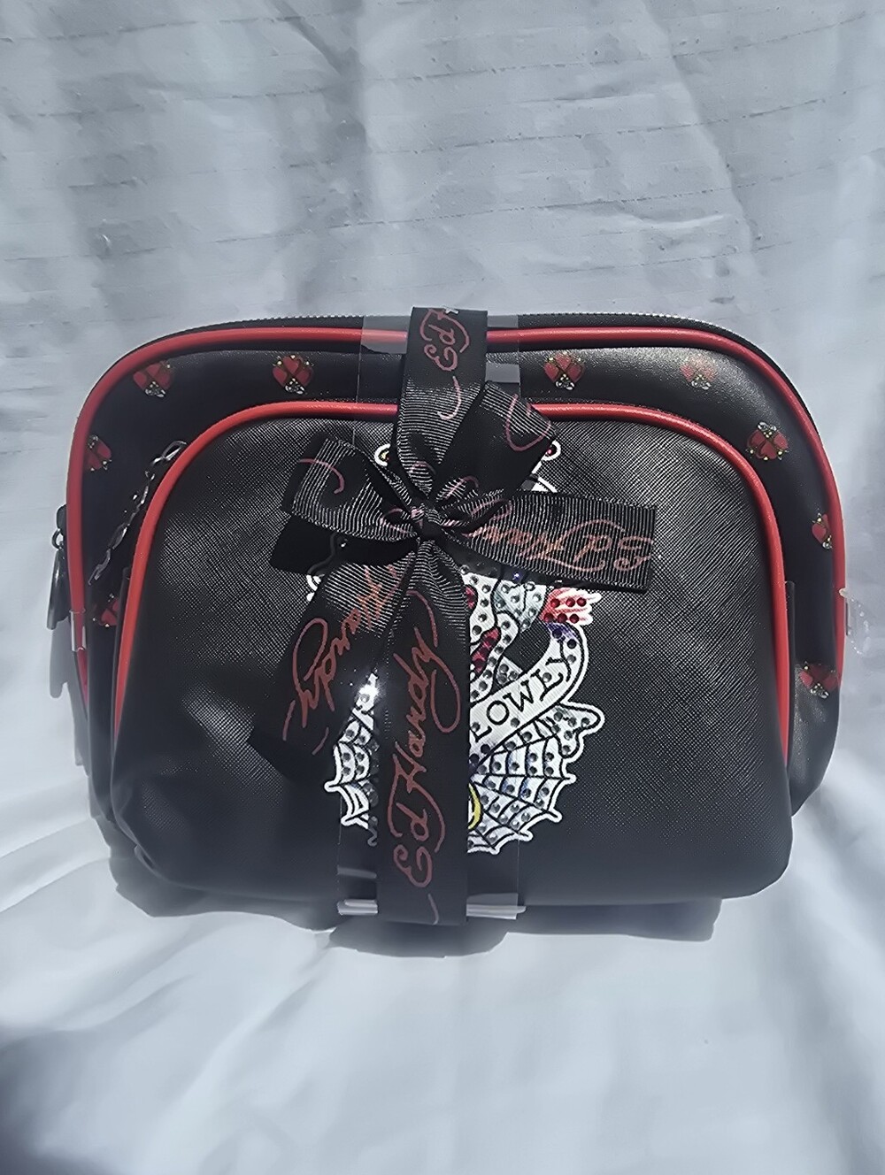 Ed Hardy Black Cosmetic Pouch with Red Trim and Tattoo Motif 2 Piece